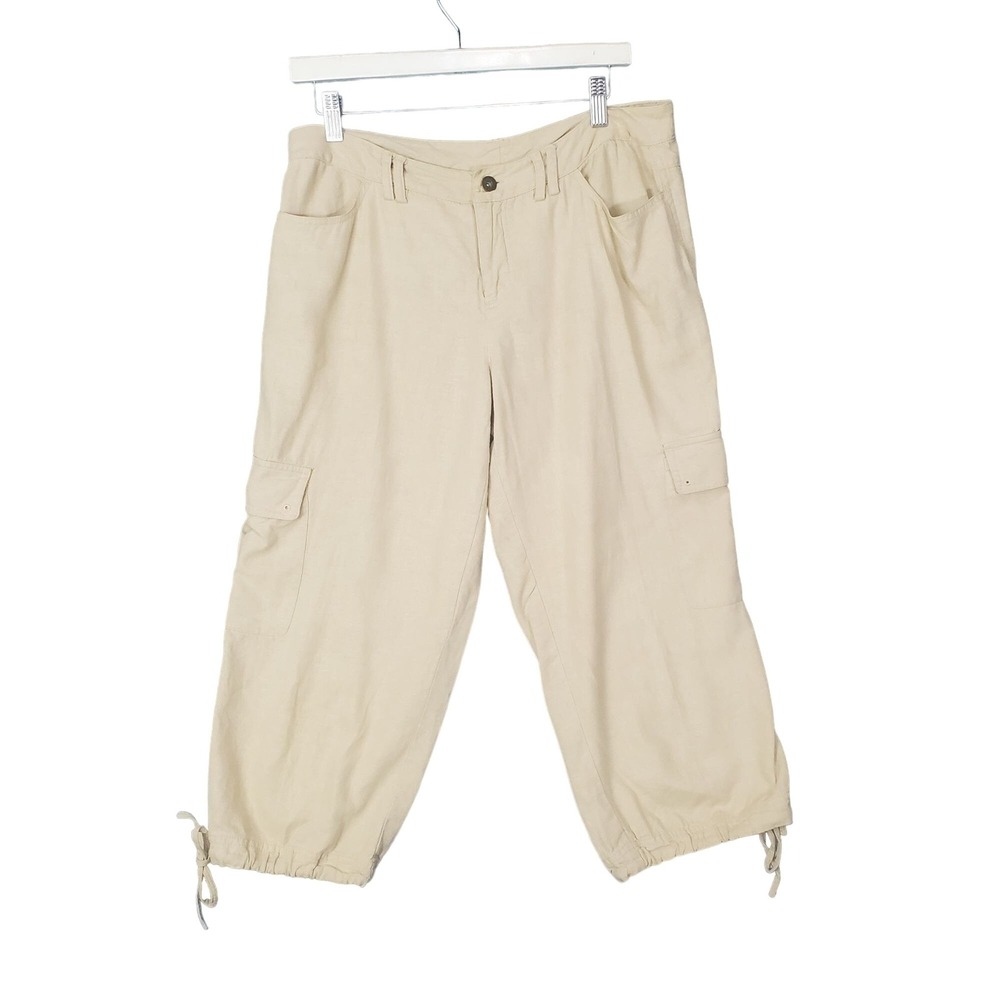 Axcess Womens Safari Gorp Cargo Utility Linen Blend Capri Pants 6 Beige Tie Hem